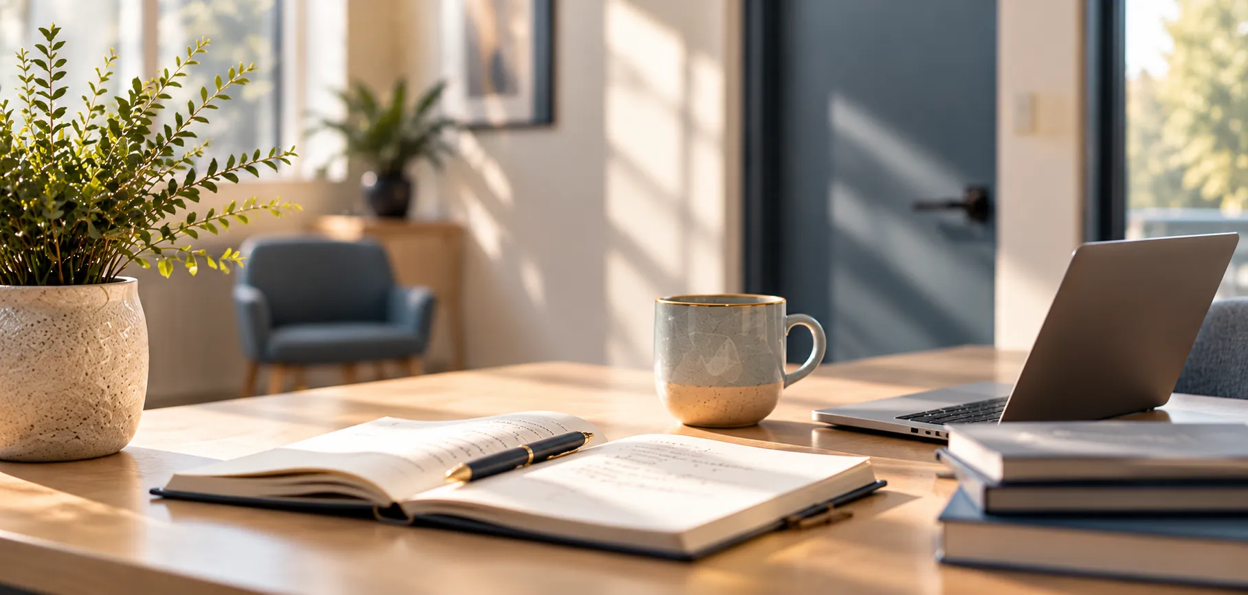 A quiet desk with an open notebook, pen and coffee in warm morning light