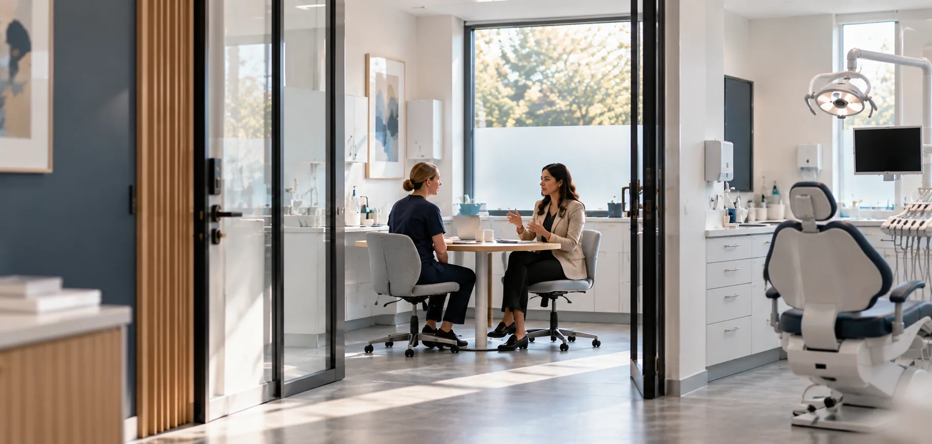 A practice owner and practice manager in a calm one-to-one conversation in a modern dental practice