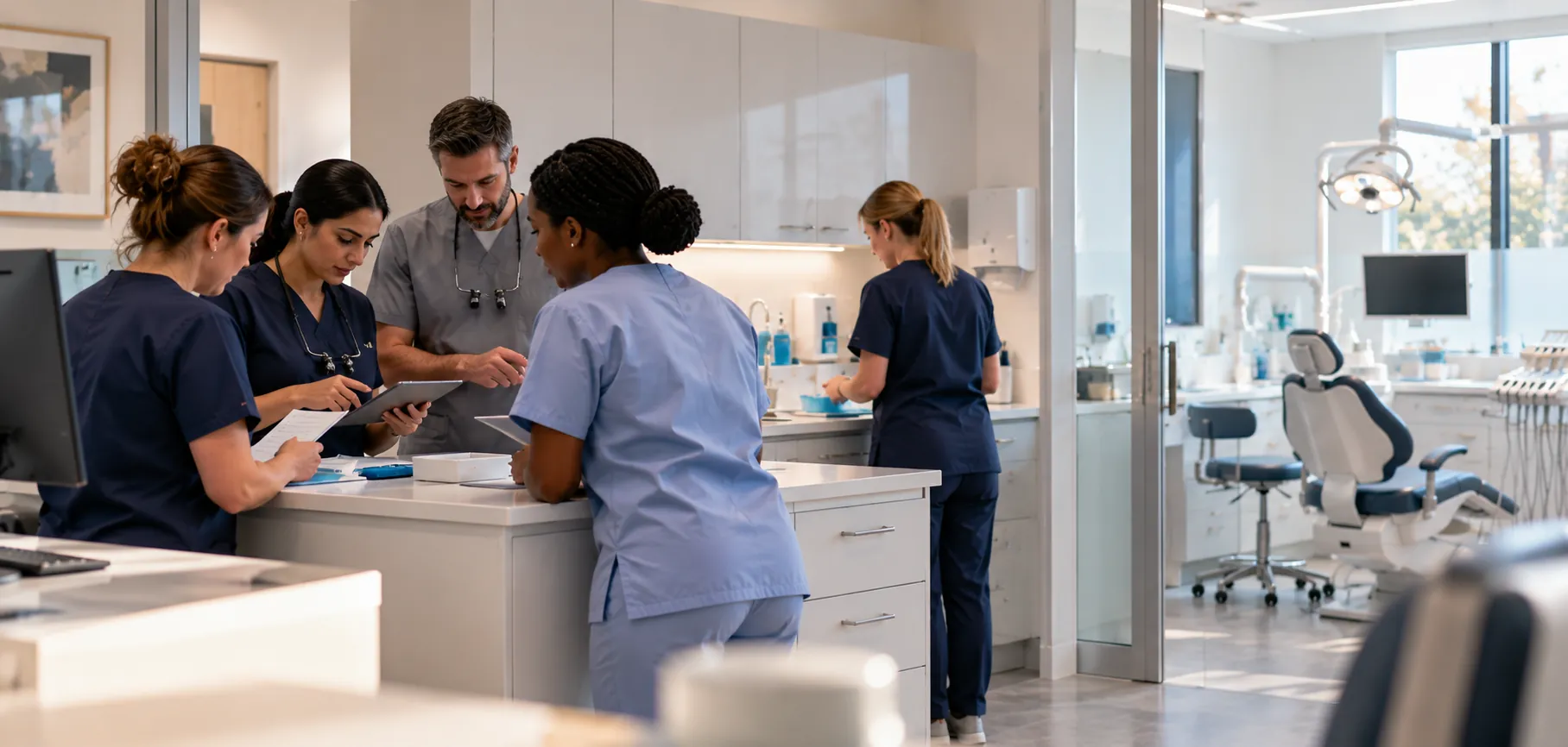 A dental team talking through the day together in a light, modern practice